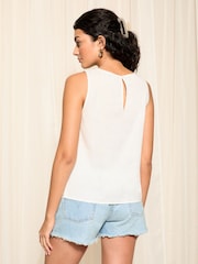 Friends Like These White Crochet Insert Cotton Linen Blend Shell Vest Top - Image 4 of 4
