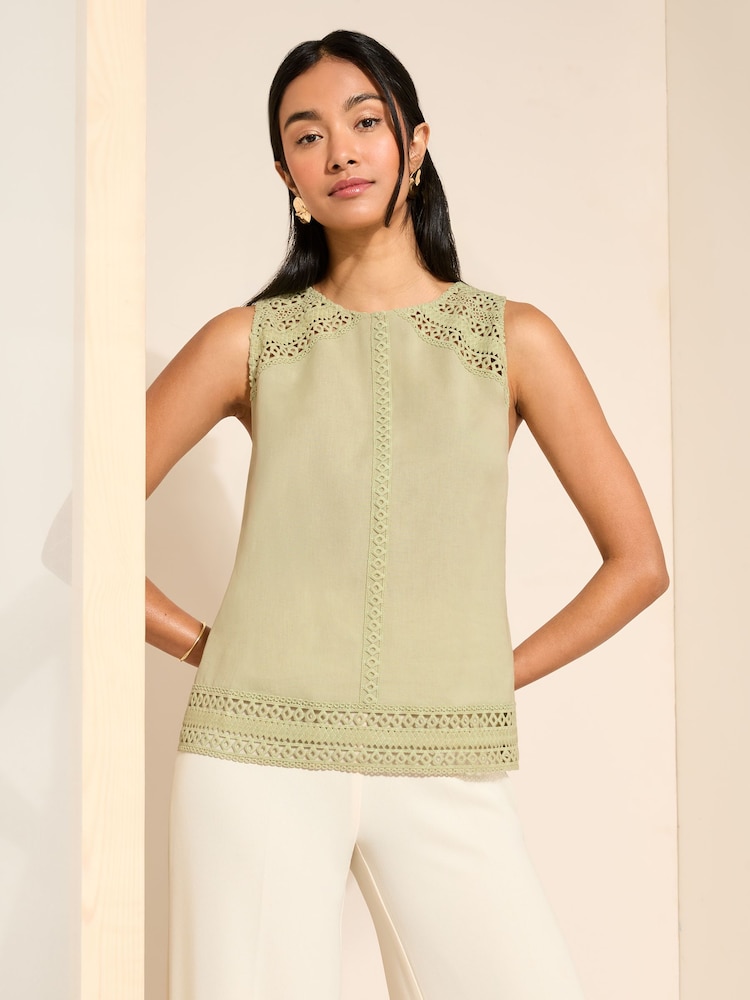 Friends Like These Green Crochet Insert Cotton Linen Blend Shell Vest Top - Image 1 of 4