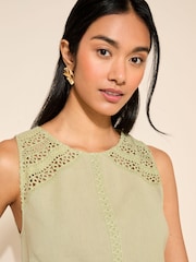 Friends Like These Green Crochet Insert Cotton Linen Blend Shell Vest Top - Image 2 of 4
