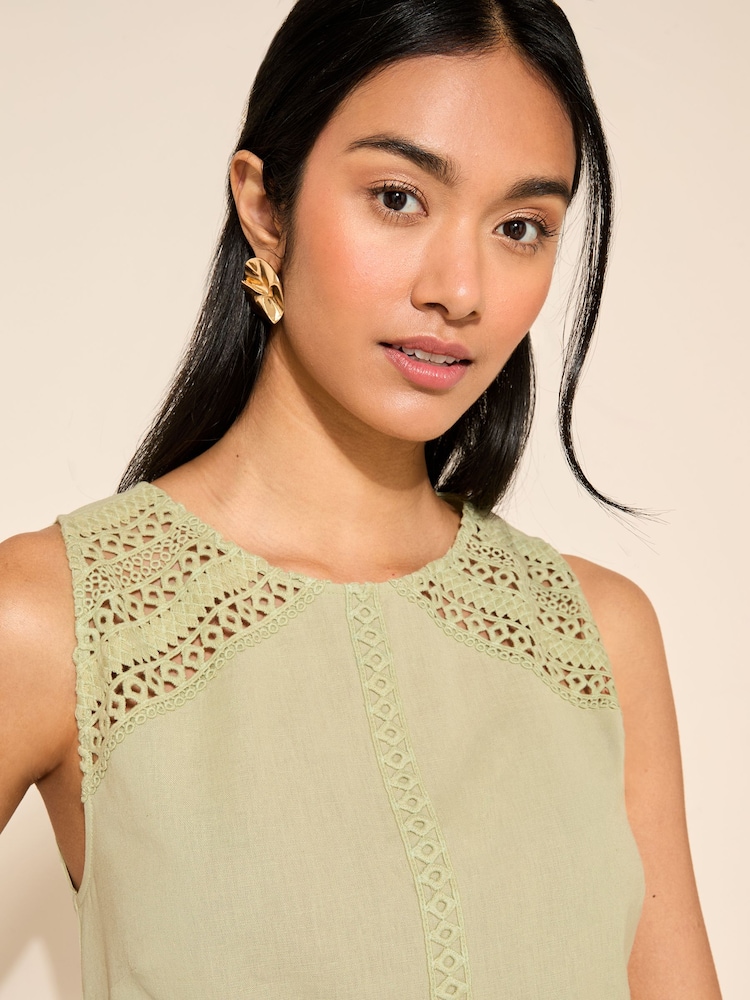 Friends Like These Green Crochet Insert Cotton Linen Blend Shell Vest Top - Image 2 of 4