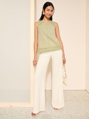 Friends Like These Green Crochet Insert Cotton Linen Blend Shell Vest Top - Image 3 of 4