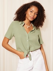 Friends Like These Green Short Sleeve Muslin Crinkle Cotton Tie Front Shirt - Image 2 of 4