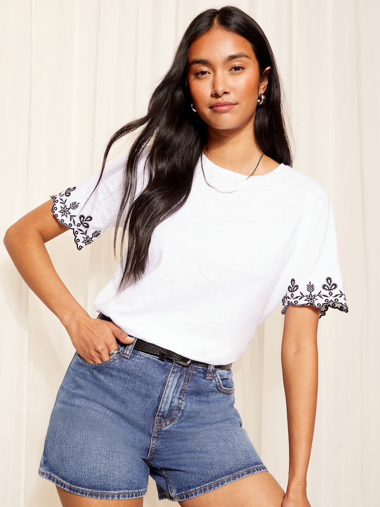 Friends Like These White Short Sleeve Contrast Broderie Sleeve T-Shirt - Image 1 of 4 Friends Like These White Short Sleeve Contrast Broderie Sleeve T-Shirt - Image 1 of 4