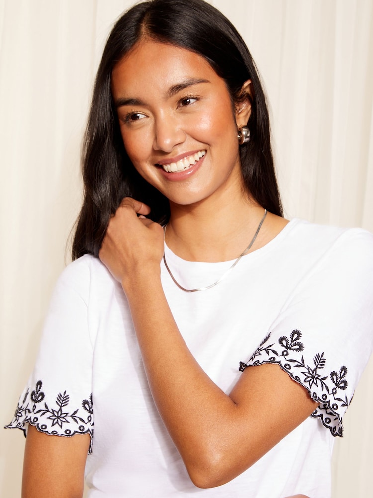 Friends Like These White Short Sleeve Contrast Broderie Sleeve T-Shirt - Image 2 of 4 Friends Like These White Short Sleeve Contrast Broderie Sleeve T-Shirt - Image 2 of 4