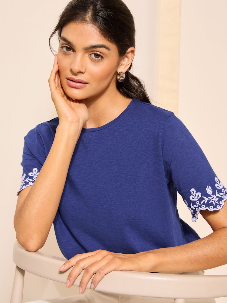 Friends Like These Navy Blue Short Sleeve Contrast Broderie Sleeve T-Shirt - Image 2 of 4 Friends Like These Navy Blue Short Sleeve Contrast Broderie Sleeve T-Shirt - Image 2 of 4