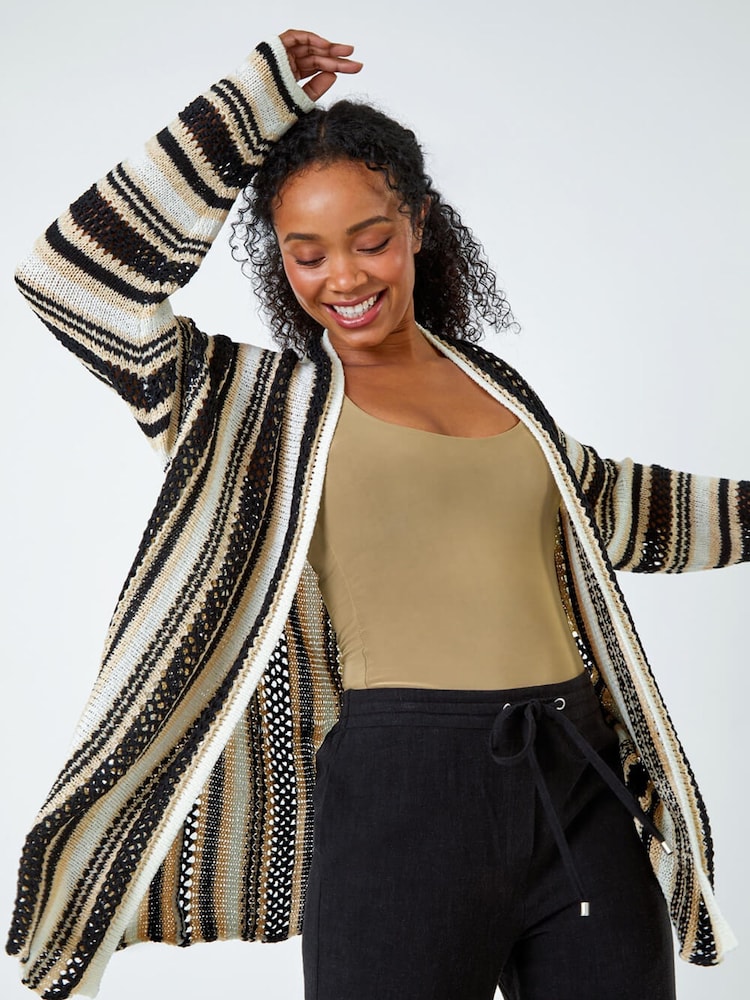 Roman Black Stripe Longline Knit Cardigan - Image 1 of 5