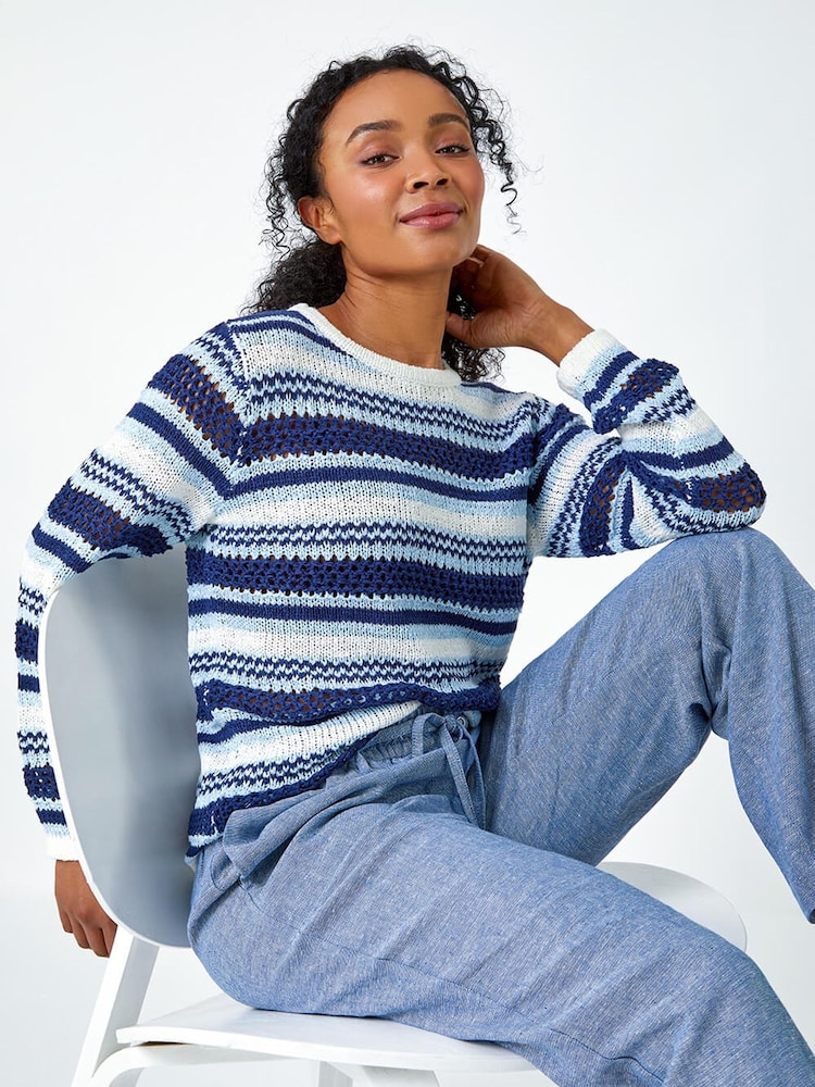 Roman Blue Stripe Print Stretch Knit Jumper - Image 1 of 5