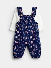 JoJo Maman Bébé Navy Blue Floral Cord Dungarees & Body Set - Image 1 of 6