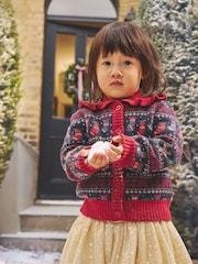 JoJo Maman Bébé Burgundy Reindeer Christmas Fairisle Collared Cardigan - Image 1 of 6
