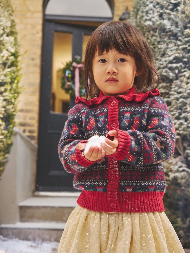 JoJo Maman Bébé Burgundy Reindeer Christmas Fairisle Collared Cardigan - Image 1 of 6 JoJo Maman Bébé Burgundy Reindeer Christmas Fairisle Collared Cardigan - Image 1 of 6
