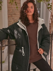 Black Reversible Shower Resistant Hooded Quilted Coat - Image 1 of 9