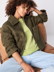 Olive Green Zip Through Short Textured Jacket - Image 1 of 1