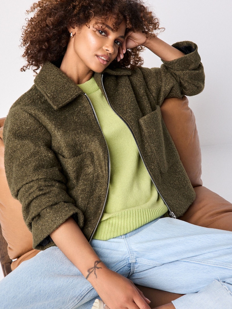 Olive Green Zip Through Short Textured Jacket - Image 1 of 1