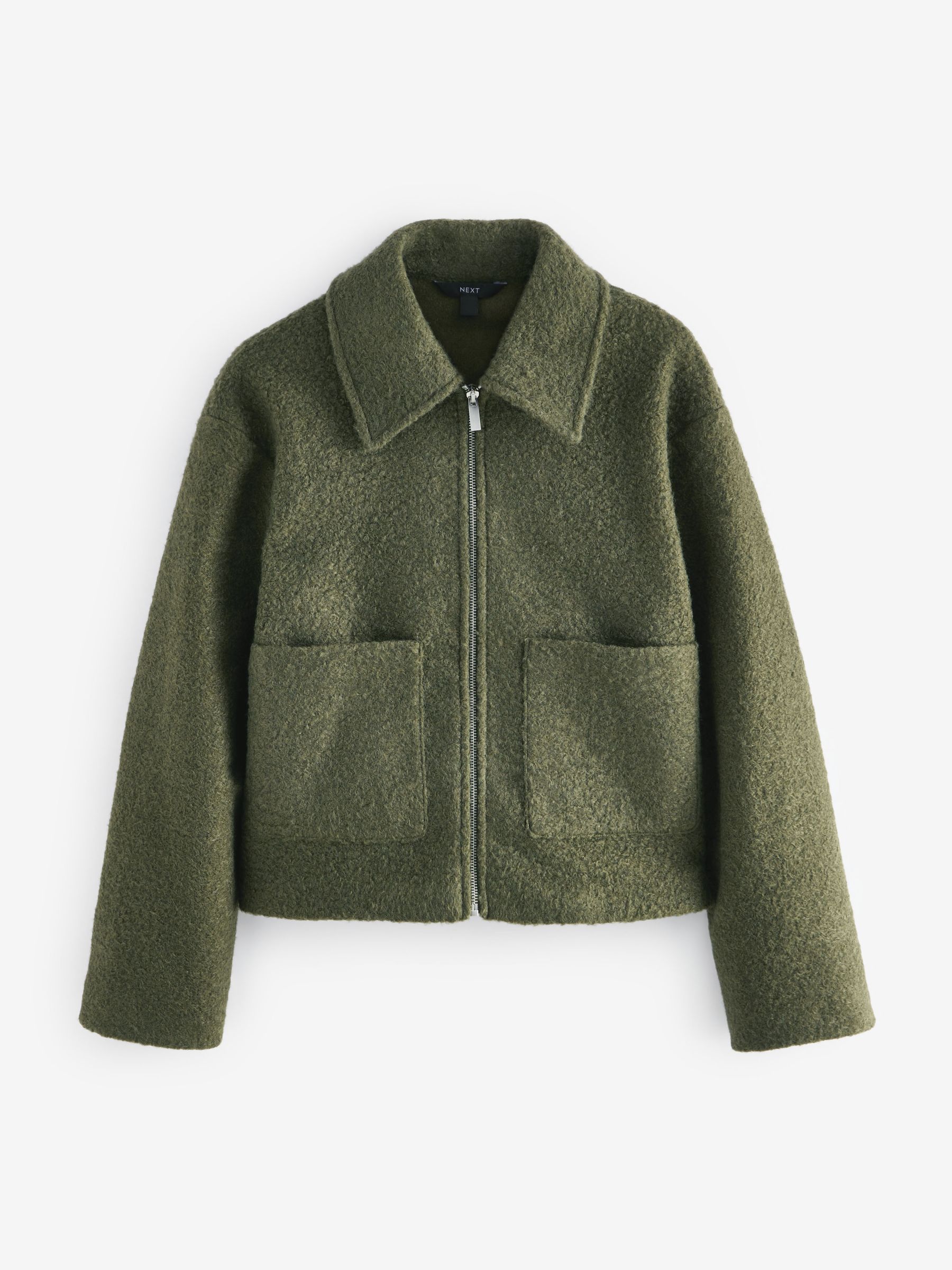 Olive Green Zip Through Short Textured Jacket