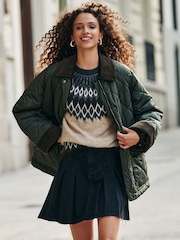 Khaki Green Quilted Corduroy Collar Shower Resistant Jacket - Image 1 of 4