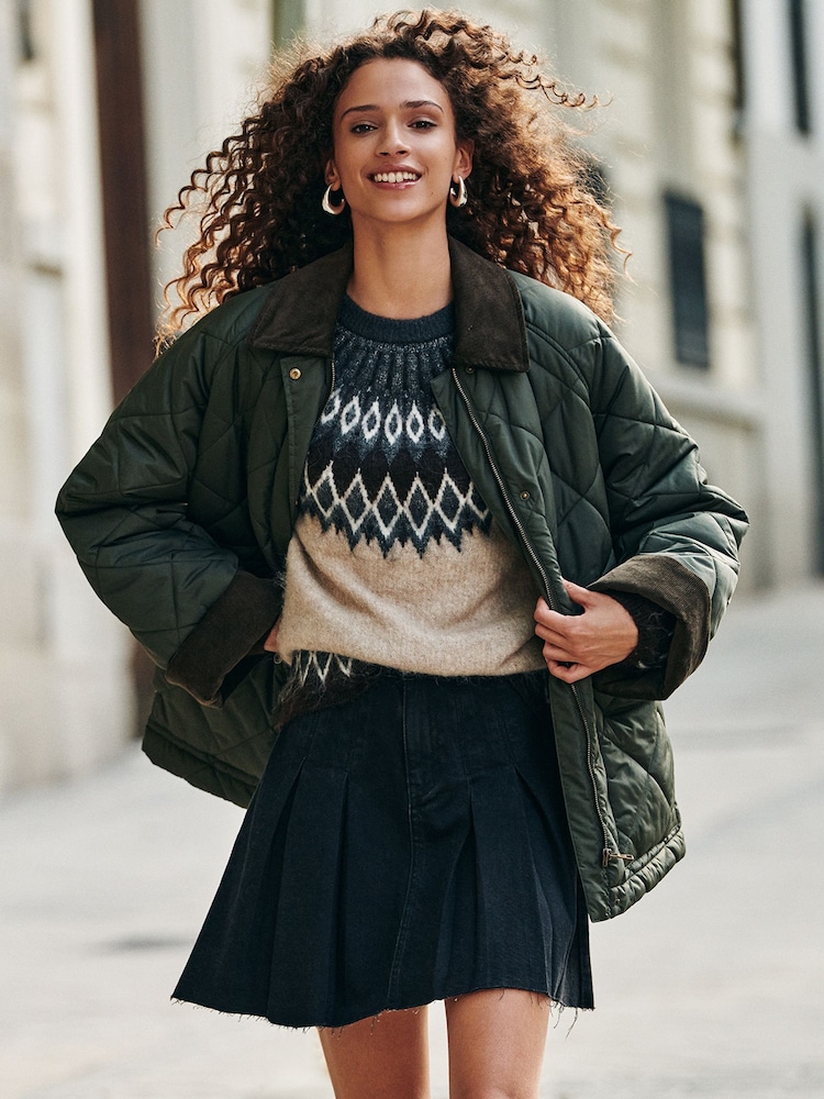 Khaki Green Quilted Corduroy Collar Shower Resistant Jacket - Image 1 of 4
