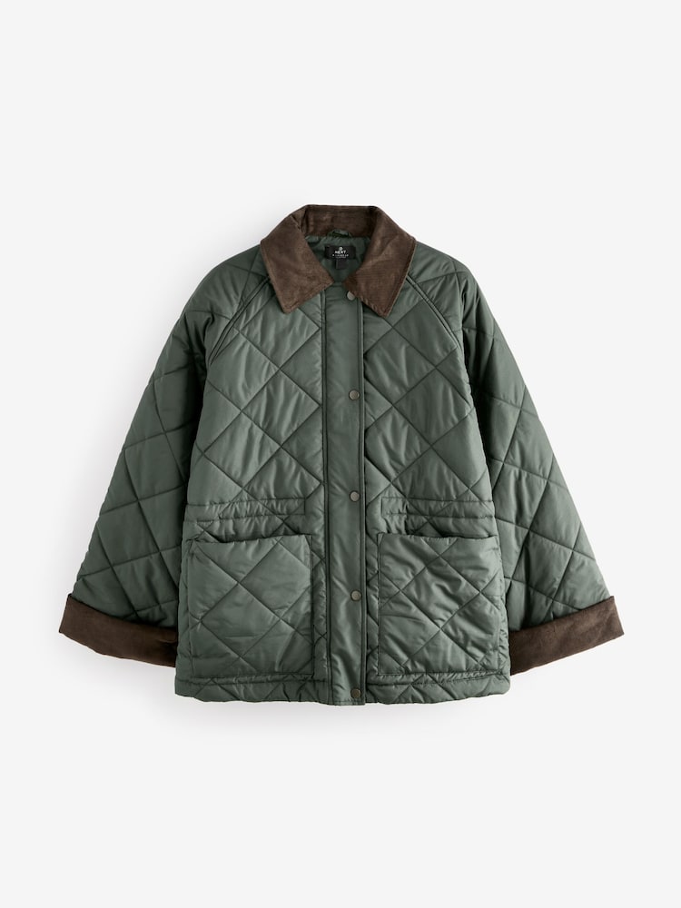 Khaki Green Quilted Corduroy Collar Shower Resistant Jacket - Image 2 of 4