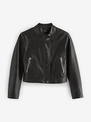 Schwarz - Bikerjacke aus Kunstleder mit kragenloser Vorderseite - Bild 8 von 11