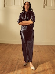 Burgundy Crackle Faux Leather Zip Through Biker Jacket - Image 2 of 7