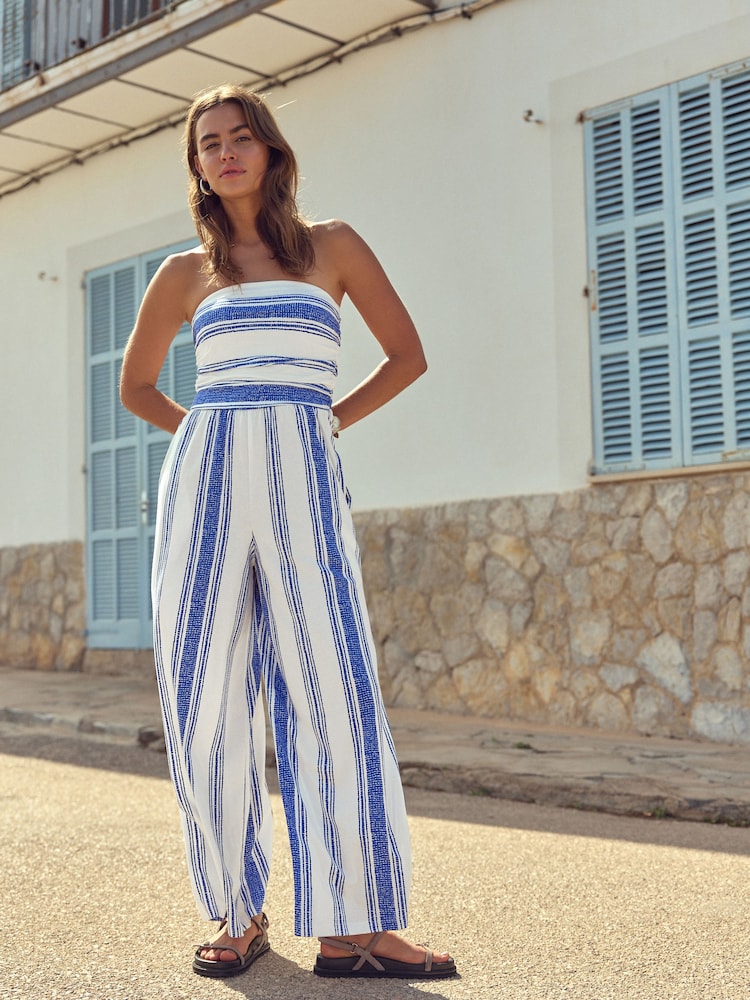 Blue and White Stripe Bandeau Summer 100% Cotton Jumpsuit - Image 1 of 7