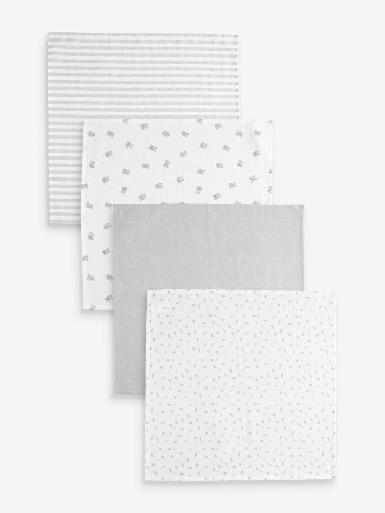 Grau mit Bärenmotiv - Baby-Spucktücher aus 100 % Baumwoll-Mussselin im 4er Pack - Bild 1 von 11 Grau mit Bärenmotiv - Baby-Spucktücher aus 100 % Baumwoll-Mussselin im 4er Pack - Bild 1 von 11