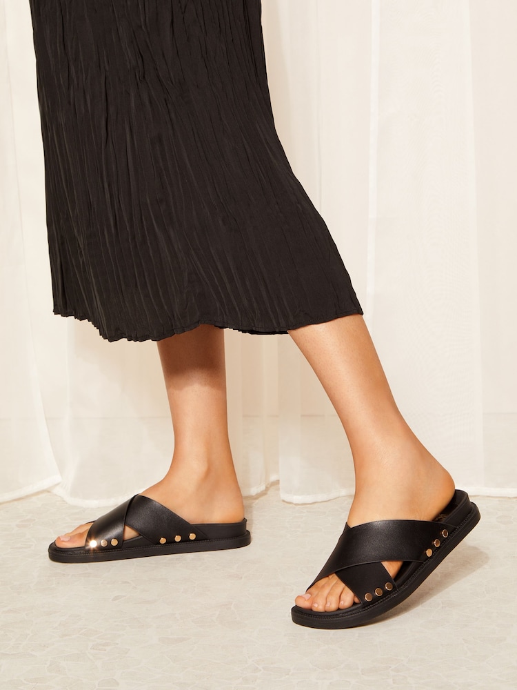 Friends Like These Black Cross Strap Studded Footbed Faux Leather Slider Sandals - Image 4 of 4
