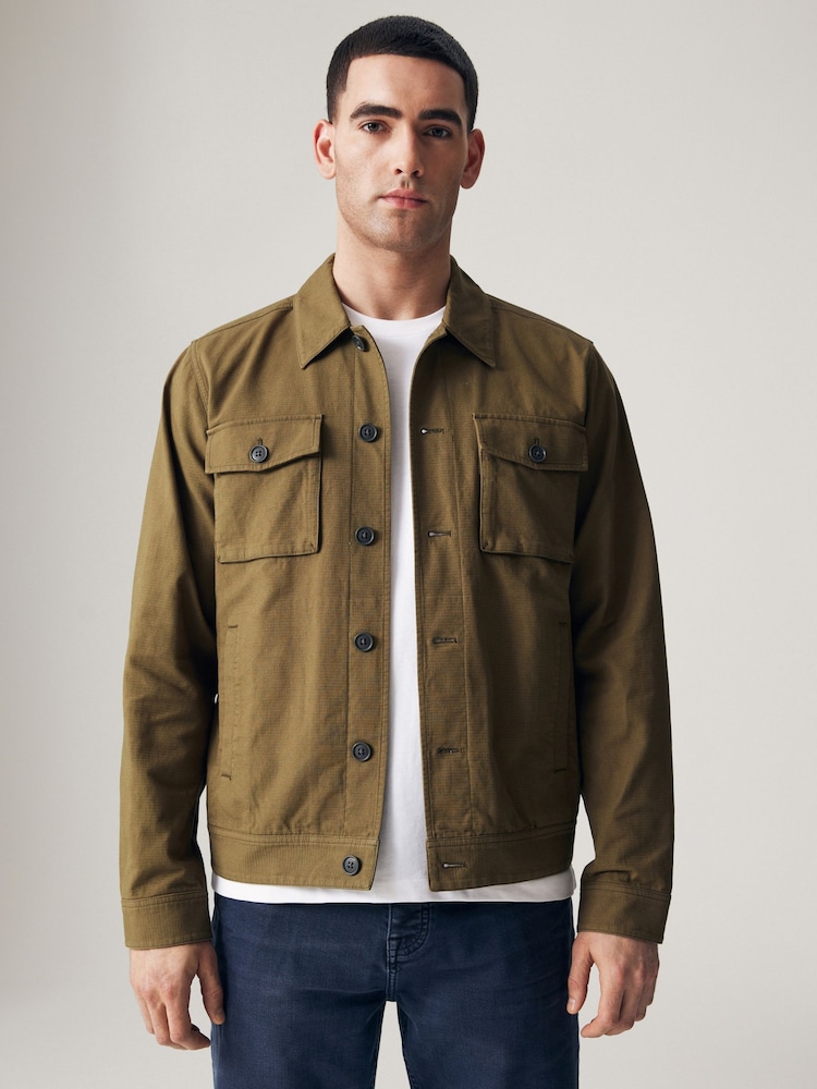 Khaki Green Textured Button Up Shacket - Image 1 of 10