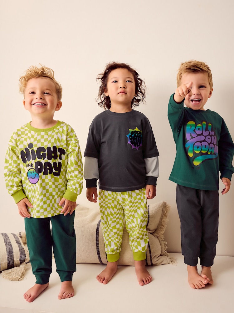 Black/Green/ Citrine Yello Checkerboard 3 Pack Oversized Pyjamas (9mths-10yrs) - Image 1 of 12 Black/Green/ Citrine Yello Checkerboard 3 Pack Oversized Pyjamas (9mths-10yrs) - Image 1 of 12