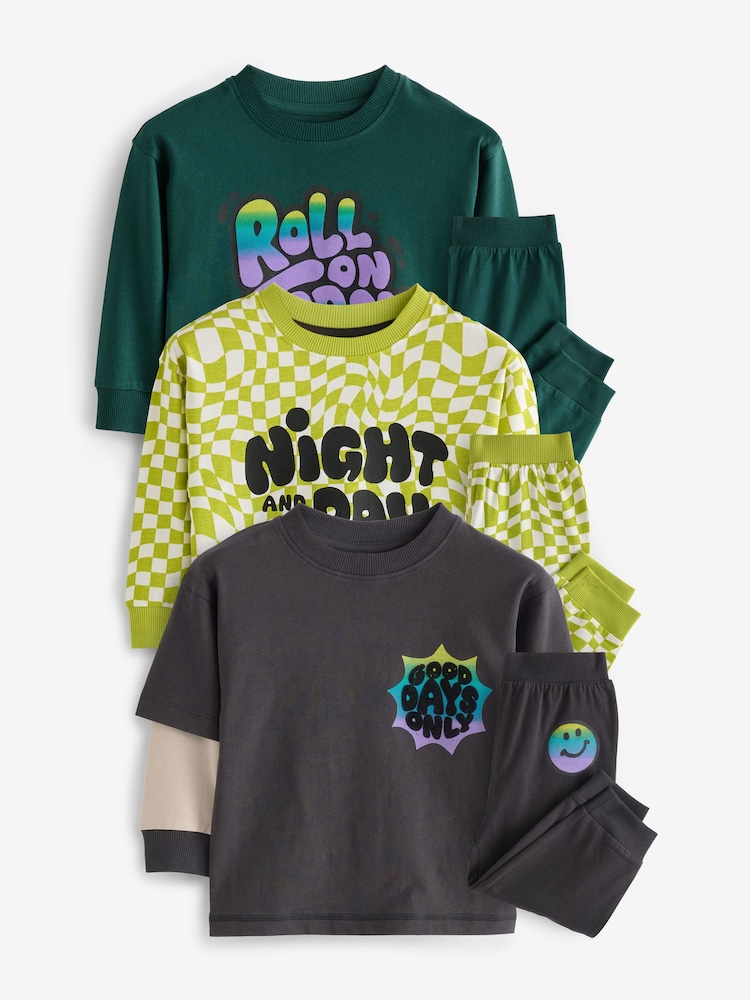 Black/Green/ Citrine Yello Checkerboard 3 Pack Oversized Pyjamas (9mths-10yrs) - Image 4 of 12