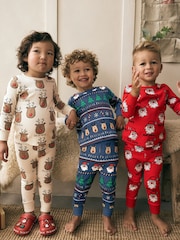 Red/Navy/Ecru 3 Pack Christmas Character 100% Cotton Pyjamas (9mths-10yrs) - Image 1 of 10