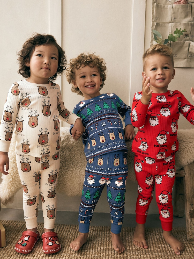 Red/Navy/Ecru 3 Pack Christmas Character 100% Cotton Pyjamas (9mths-10yrs) - Image 1 of 10