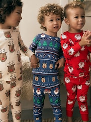 Red/Navy/Ecru 3 Pack Christmas Character 100% Cotton Pyjamas (9mths-10yrs) - Image 4 of 10