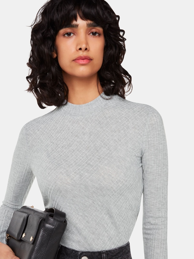 Whistles Grey Diagonal Rib Crew Neck Top - Image 1 of 5 Whistles Grey Diagonal Rib Crew Neck Top - Image 1 of 5