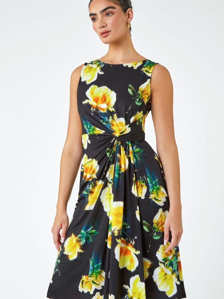 Roman Black Floral Twist Detail Stretch Dress - Image 1 of 5
