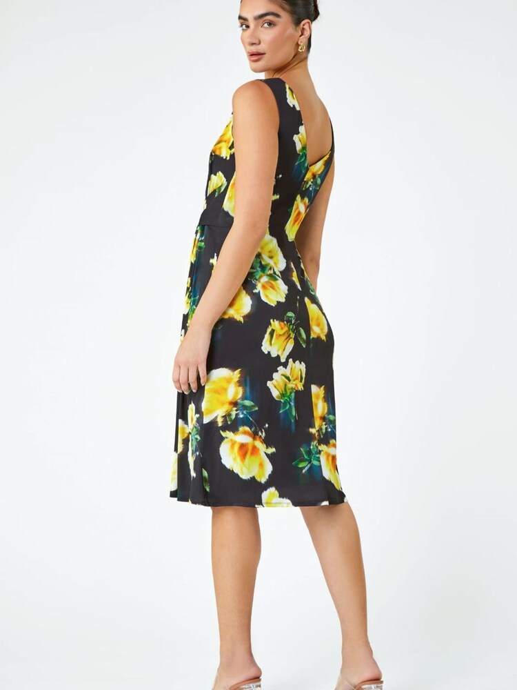 Roman Black Floral Twist Detail Stretch Dress - Image 2 of 5