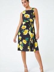 Roman Black Floral Twist Detail Stretch Dress - Image 3 of 5