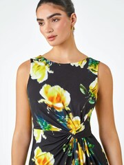 Roman Black Floral Twist Detail Stretch Dress - Image 4 of 5