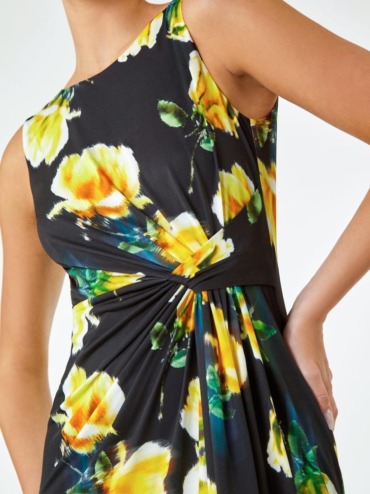 Roman Black Floral Twist Detail Stretch Dress - Image 5 of 5