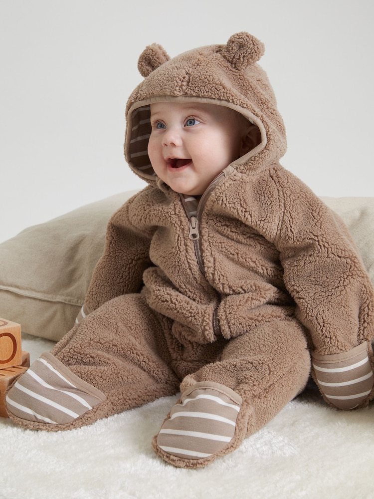 Polarn O. Pyret Brown Windproof Teddy Fleece Pramsuit - Image 2 of 7 Polarn O. Pyret Brown Windproof Teddy Fleece Pramsuit - Image 2 of 7