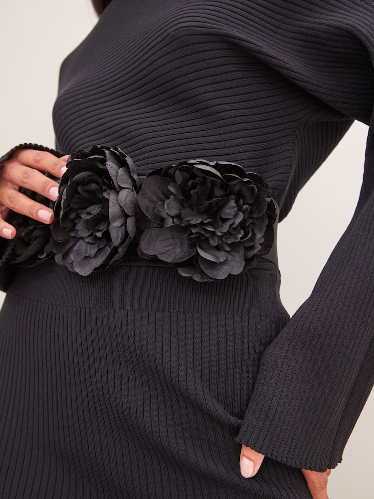 Black Corsage Flower Wide Belt - Image 5 of 9