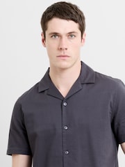 French Connection Grey Textured Revere Collar Button Short Sleeve Shirt - Image 2 of 5