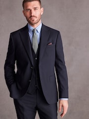Navy Blue Slim Fit Signature Tollegno Italian Wool Textured Suit Jacket - Image 1 of 10