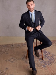 Navy Blue Slim Fit Signature Tollegno Italian Wool Textured Suit Jacket - Image 2 of 10