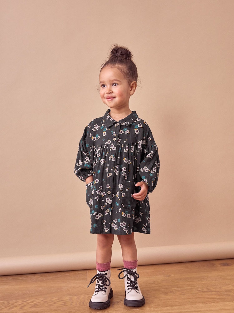 Black Floral 100% Cotton Shirt Dress (3mths-8yrs) - Image 2 of 8