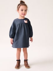 Navy Blue Bear Character Textured 100% Cotton Dress (3mths-8yrs) - Image 1 of 7