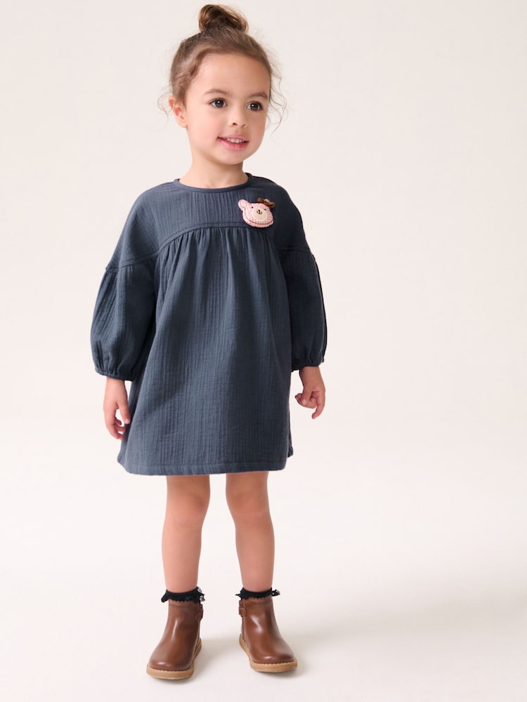 Navy Blue Bear Character Textured 100% Cotton Dress (3mths-8yrs) - Image 1 of 7