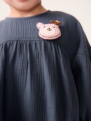 Navy Blue Bear Character Textured 100% Cotton Dress (3mths-8yrs) - Image 4 of 7