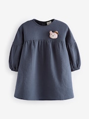 Navy Blue Bear Character Textured 100% Cotton Dress (3mths-8yrs) - Image 5 of 7