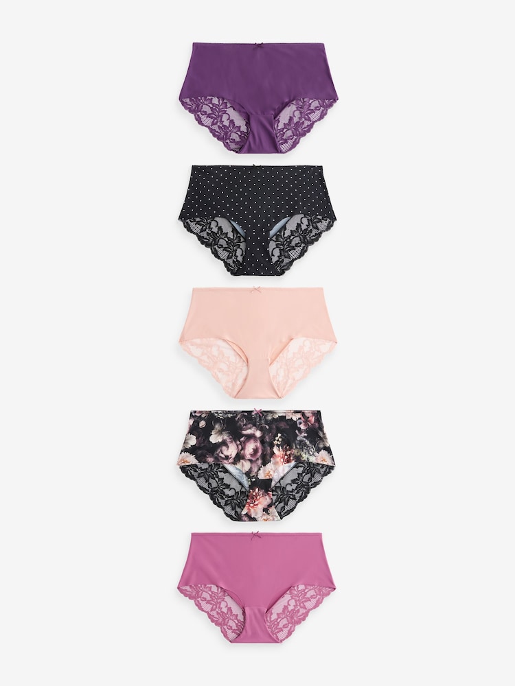 Schwarz Aquarell Floral/Punkt/Pink/Lila - Nahtlose Brazilian-Spitzenslips im 5er-Pack - Bild 1 von 7