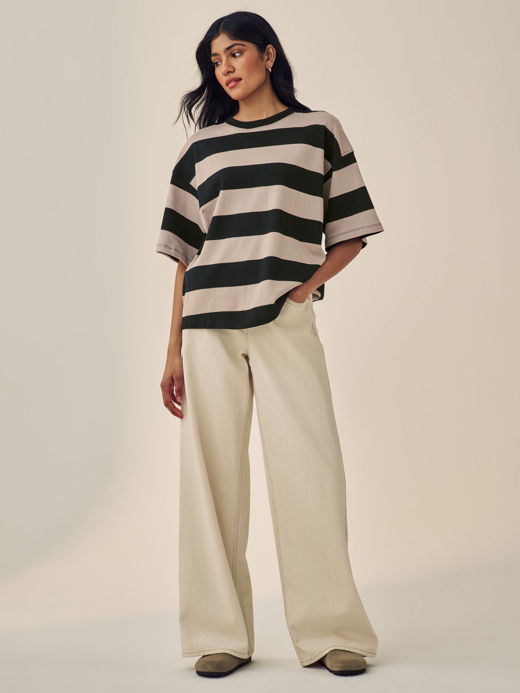 Buy Stone Neutral Stripe Oversized Relaxed Fit 100% Cotton